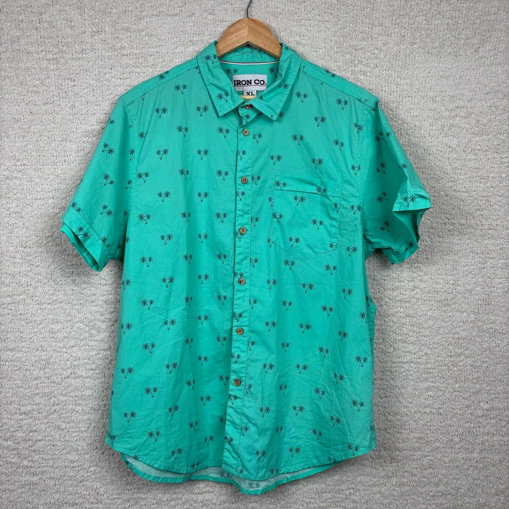 Iron Co Top Mens XL‎ Teal Palm Tree Print Tropical Beach Short Sleeve Button Up